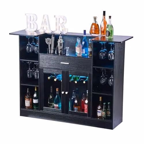 Mesa de bar VEVOR de 4 niveles con cajón, estantes de almacenamiento, soporte para copas y luz LED, color negro