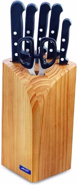 Juego de cuchillos y tijeras Arcos Universal 285100 de 6 piezas con taco negro, acero inoxidable y mango de plástico