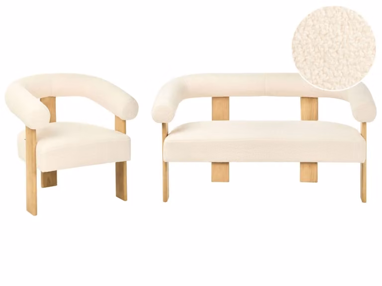 Conjunto de sofá de 2 plazas y sillón Beliani en tejido boucle blanco de estilo moderno para salón