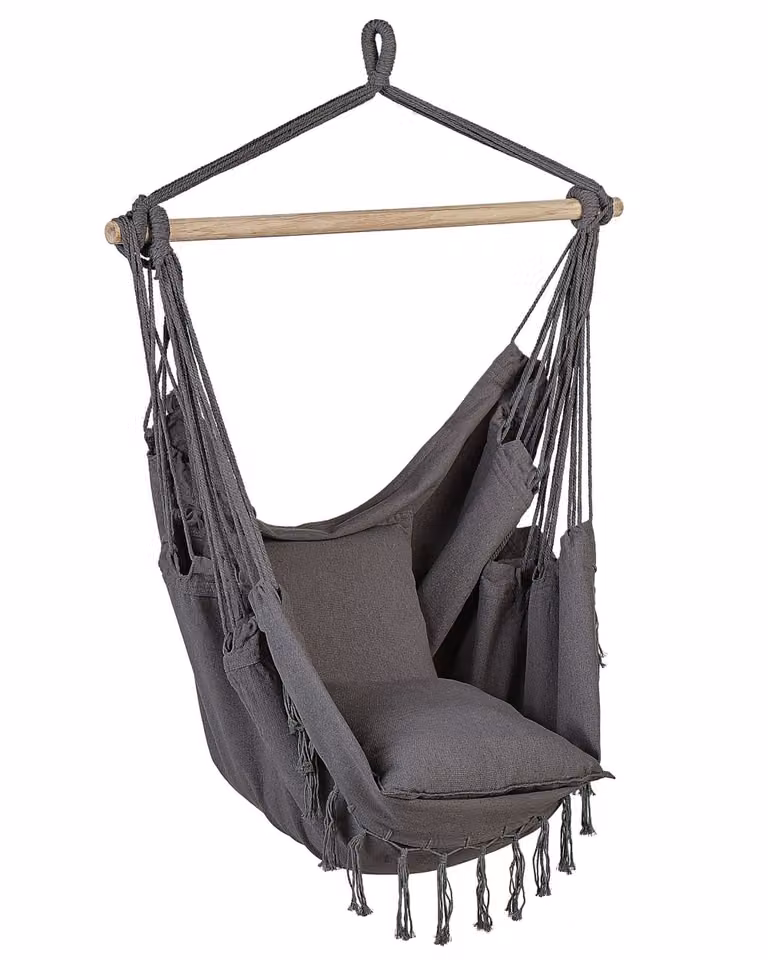 Sillón colgante tipo huevo Beliani en algodón gris y madera estilo boho para adultos