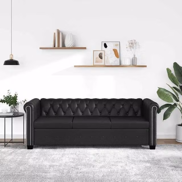 Sofá Chesterfield de 3 plazas vidaXL en piel sintética negra con estructura de madera sólida