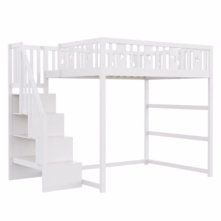 Cama alta infantil OKWISH de madera y MDF con estructura de casa, estantería integrada y escalera, color blanco, An/P/Al: 200 x 140 x 171 cm