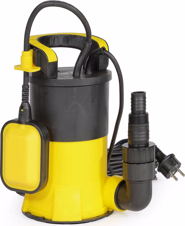 Bomba sumergible Wiltec de 900 W con flotador y aspiración superficial en color amarillo