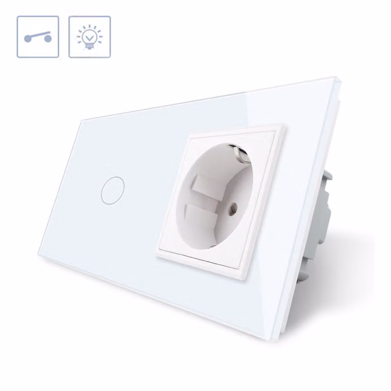 Interruptor táctil de 1 botón y 1 enchufe Livolo con frontal de cristal blanco para instalación empotrada