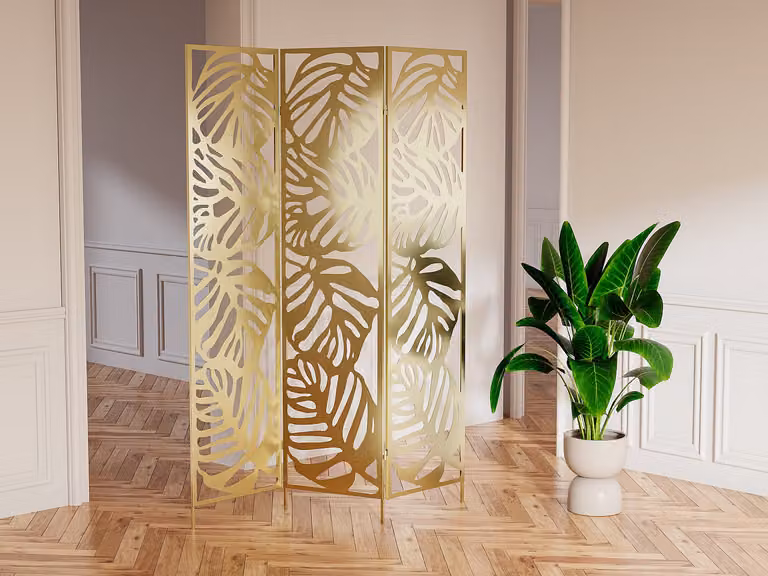 Biombo de metal floral calado de 3 hojas KODILA, color dorado, An: 123 cm, Al: 180 cm