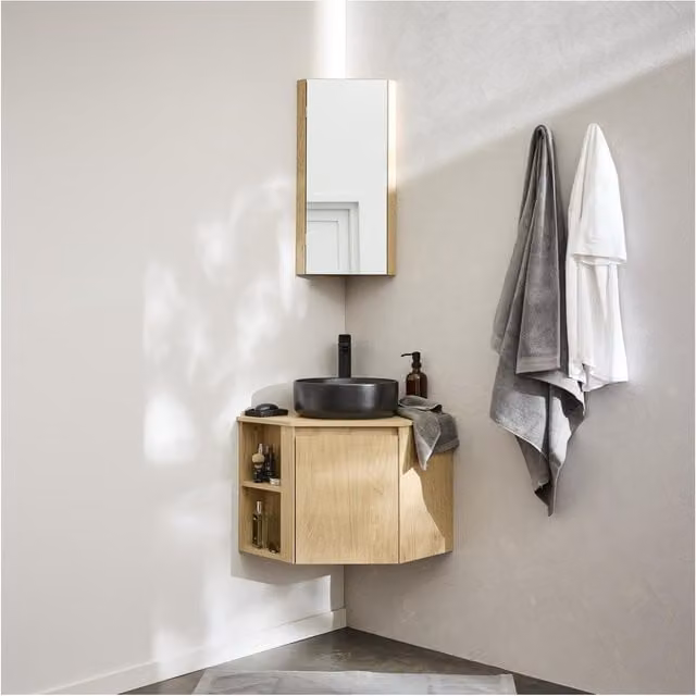 Juego de mueble de baño esquinero Mob-In Sorrento blanco con lavabo y armario de pared de diseño moderno An/P/Al: 52 x 52 x 45 cm