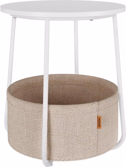Mesa auxiliar redonda VASAGLE con cesta de tela para salón o dormitorio, blanco y marrón