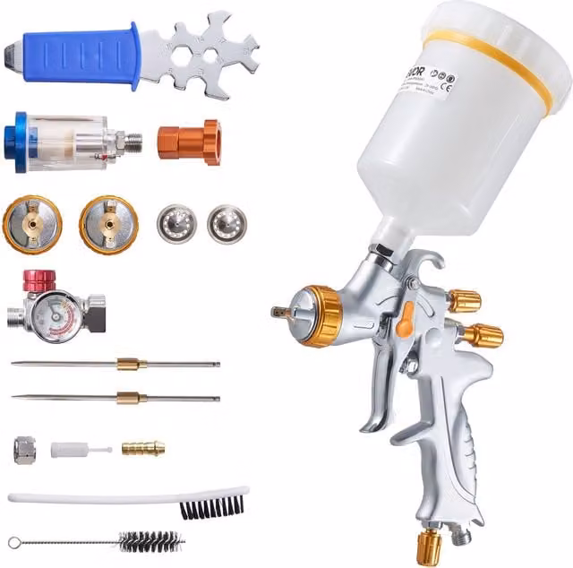 Pistola de pintura HVLP VEVOR de acero inoxidable en color plata con alimentación por gravedad, capacidad de 600 ml y sistema de aire comprimido para lacas, barnices y acabados con patrón de pulverización ajustable y flujo variable