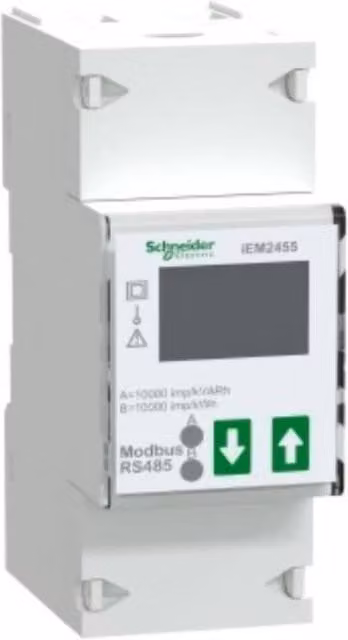 Medidor de energía monofásico Schneider Electric Acti9 iEM A9MEM2455 de 100A con Modbus y MID en color blanco y gris