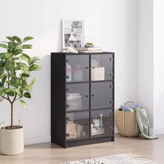 Aparador alto moderno SYFAX en color negro con puertas de madera y cristal, An/P/Al: 68 x 37 x 109 cm