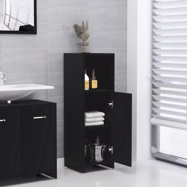 Armario de baño SYFAX en madera negra con acabado brillante y puertas batientes, An/P/Al: 30 x 30 x 95 cm