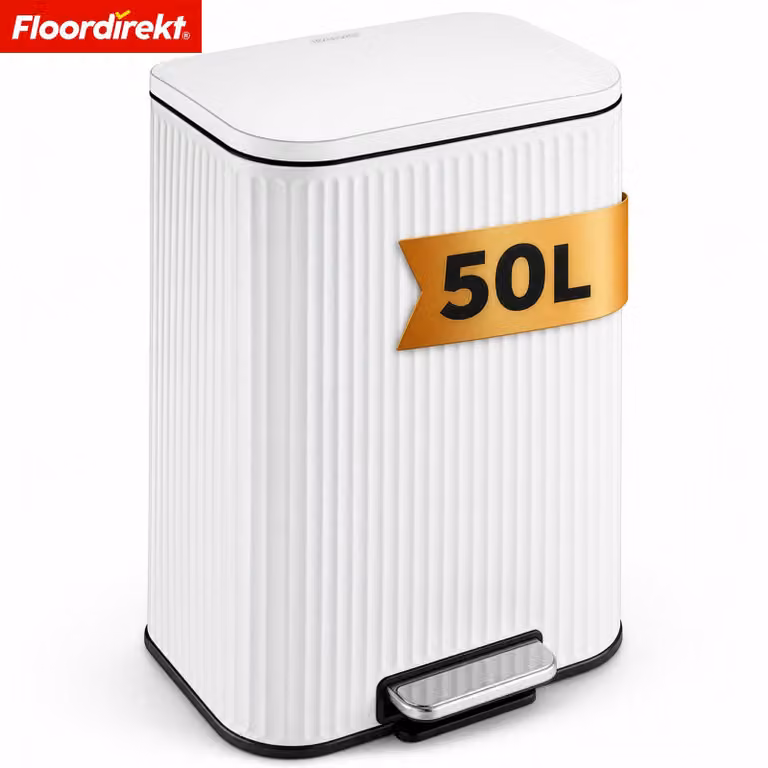 Cubo de basura Miles de Floordirekt con pedal, tapa de cierre suave y cubo interior extraíble, color blanco, 50 litros