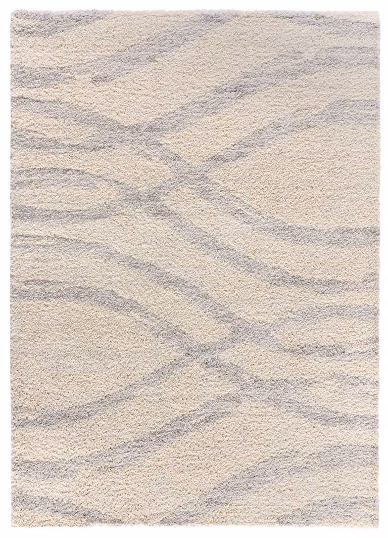 Alfombra de pelo largo Atticgo con diseño geométrico escandinavo en colores beige, gris y plata, An/P: 133 x 190 cm