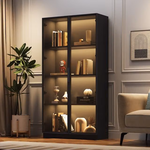 Vitrina MODENVIE con 2 puertas de vidrio, iluminación LED integrada y estantes internos, color negro, An/P/Al: 80 x 40 x 160 cm