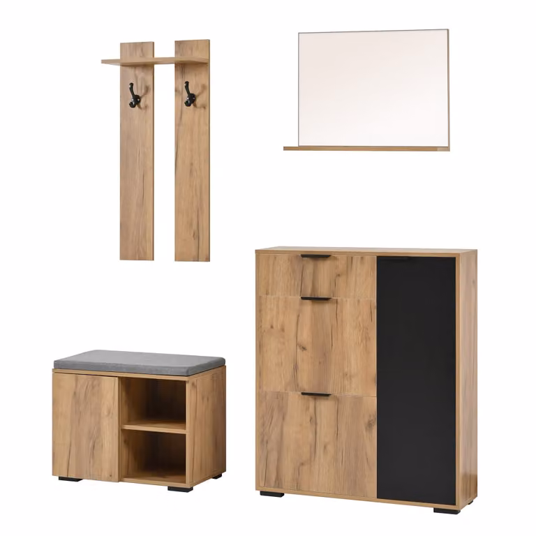 Conjunto de mueble de entrada moderno Urban Meuble con espejo, banco y zapatero en madera y MDF, colores negro, marrón y beige, An/P/Al: 140 x 46,3 x 139 cm