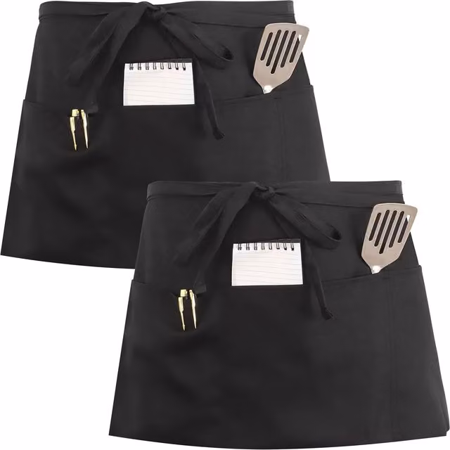 Juego de 2 delantales de cocina impermeables negros con 3 bolsillos para profesionales, camareros y chefs