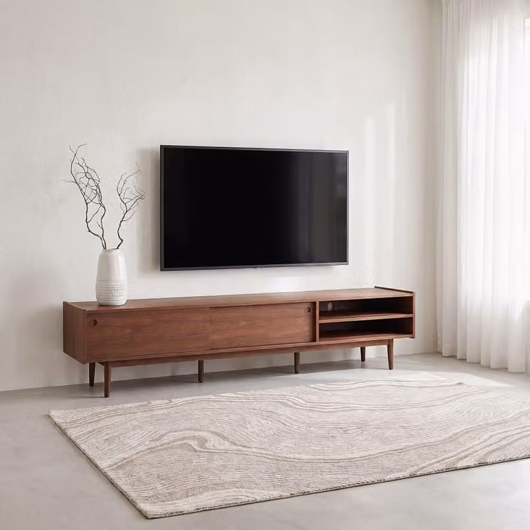 Mueble de TV de estilo mid century Maison du Monde con chapa de nogal y 2 puertas correderas en color marrón, Ancho: 201 cm