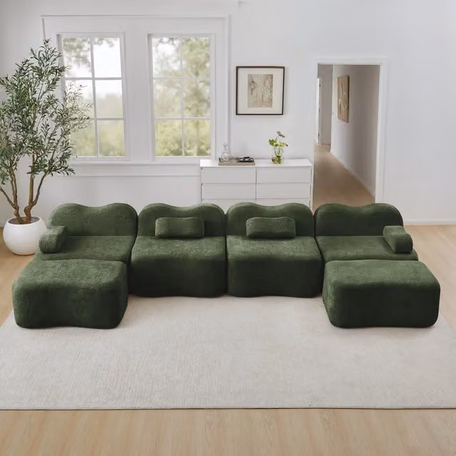 Sofá Modular de 4 Plazas HAUSS SPOLE en Terciopelo Verde con 2 Reposapiés y Diseño Ondulado para Salón