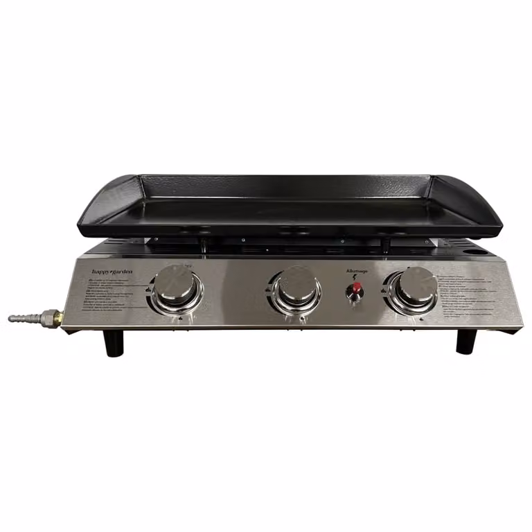 Plancha de gas Happy Garden de 3 quemadores de 7,5 kW en acero esmaltado negro para sobremesa