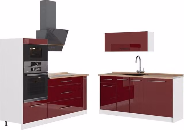 Cocina Vicco Fame-Line moderna en rojo burdeos alto brillo y blanco con acabado roble, An: 340 cm