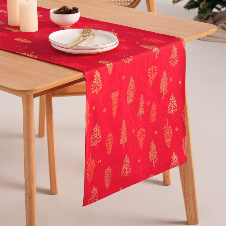 Camino de mesa de Navidad Gamusi en jacquard de algodón con diseño floral, color rojo y oro, An/P: 45 x 135 cm