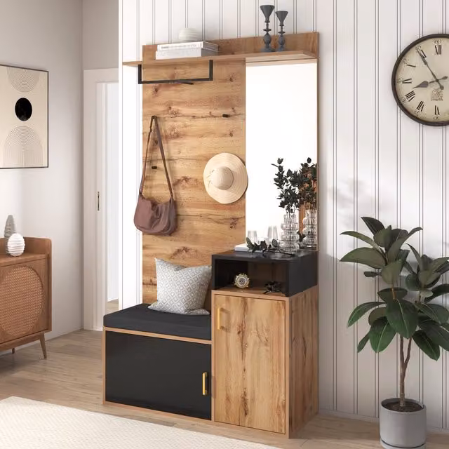 Mueble de entrada MODENVIE con espejo, banco zapatero, 4 ganchos y barra, An/P/Al: 105 x 40 x 191.5 cm