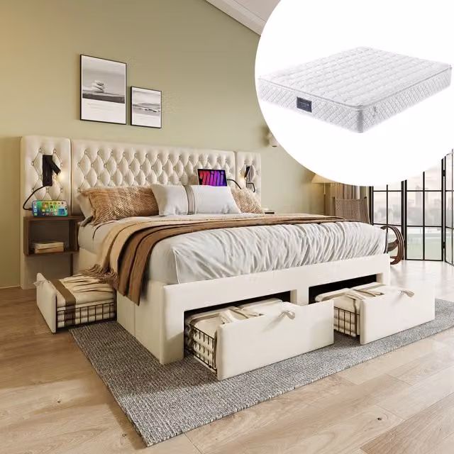 Juego de dormitorio Kellany con cama doble de 160x200 cm tapizada en terciopelo beige, 2 mesillas de noche y 4 cajones, con cabecero con luz de lectura y puerto de carga USB, incluye colchón
