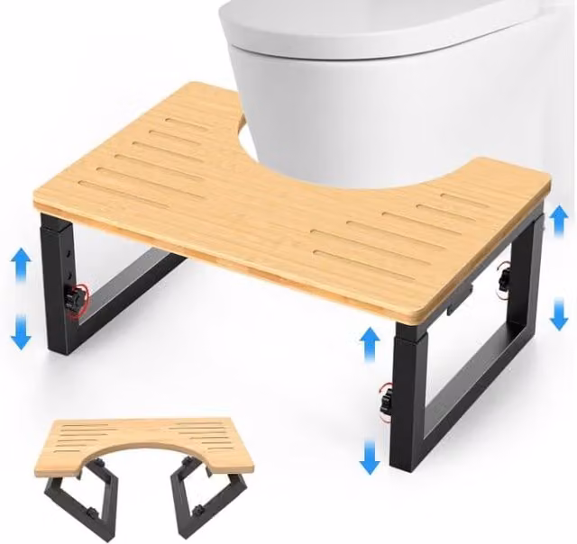 Taburete de inodoro ergonómico ajustable y plegable Gabrielle en bambú y metal color beige y marrón para adultos y niños