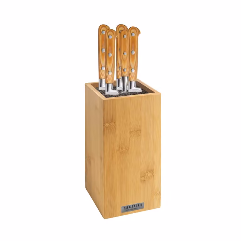 Set de cuchillos Sabatier Trompette con bloque de madera de bambú en color marrón y beige, incluye cuchillo de chef, santoku y cuchillo de deshuesar