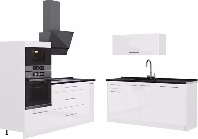 Cocina Vicco Fame-Line de diseño moderno en blanco alto brillo y antracita con puertas de cierre suave, An: 340 cm, Al: 60 cm, P: 58 cm