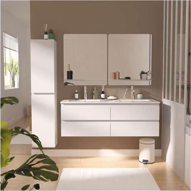 Mueble de baño Sorrento blanco con lavabo, espejo y columna, diseño moderno lacado y sistema de cierre suave, An/P/Al: 120 x 45 x 60 cm