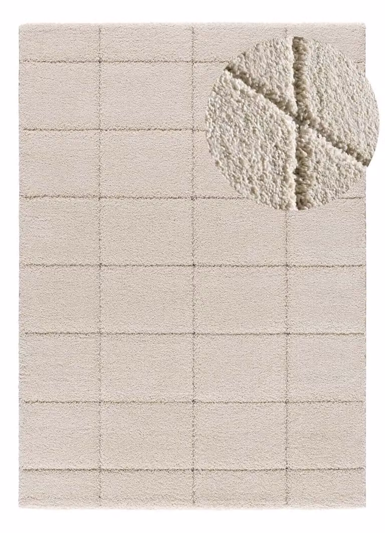 Alfombra de pie de cama Atticgo Molier 8787 con pelo largo y diseño geométrico abstracto en blanco y beige, An: 60 cm, Al: 120 cm