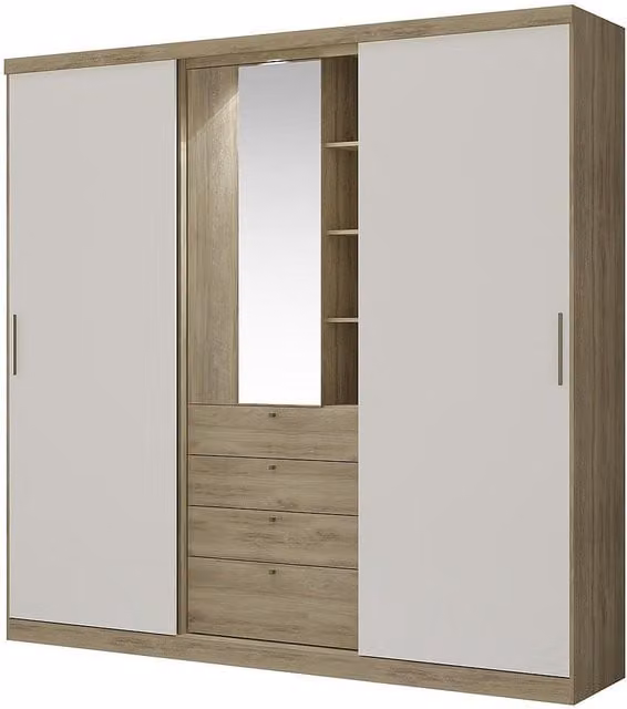 Armario Bodil II de 2 puertas correderas con espejo, cajones e iluminación LED en color blanco y beige, An: 240 cm, Al: 231 cm, P: 53 cm