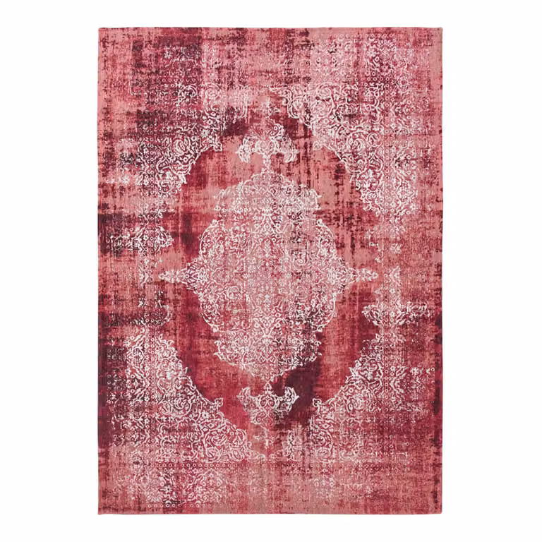 Alfombra Kirman de Louis de Poortere, diseño abstracto vintage en color rojo, An/P: 140 x 200 cm