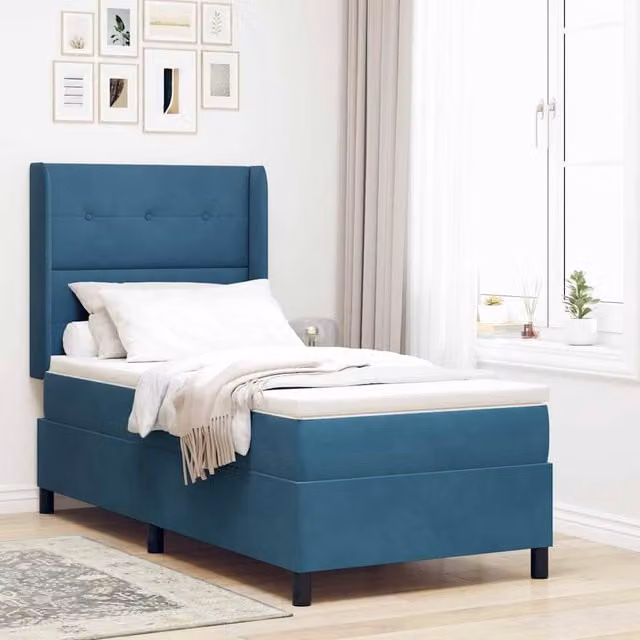Cama tipo box spring Maison Exclusive en terciopelo azul con tiras LED y puerto de carga USB, An/P/Al: 90 x 190 x 128 cm