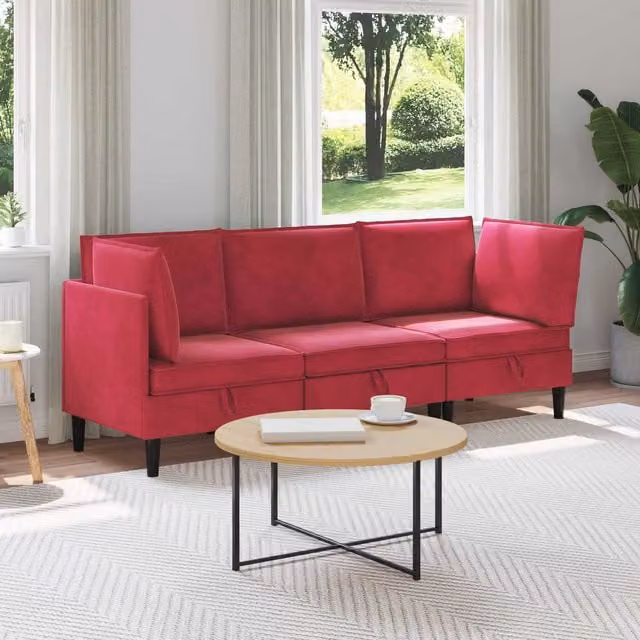 Juego de muebles de salón de 3 piezas vidaXL en terciopelo rojo con diseño en forma de L y cojines incluidos