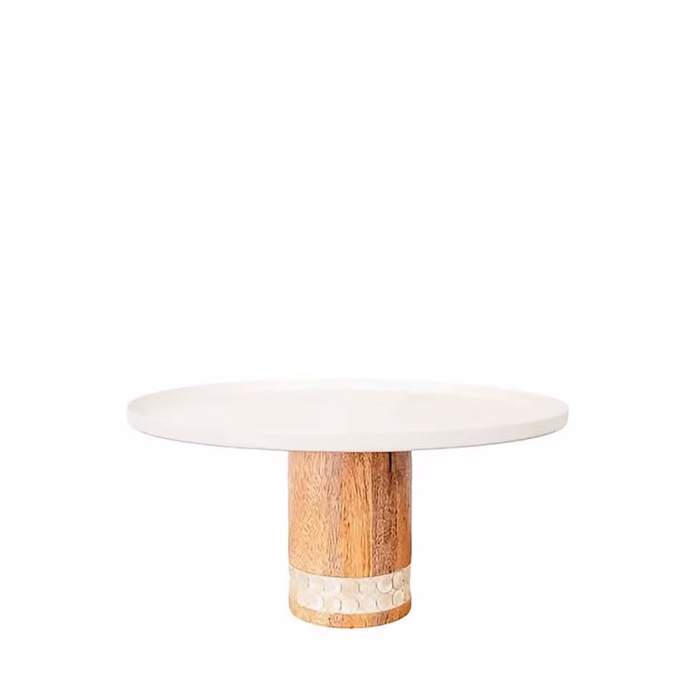 Plato para tarta redondo Aulica en color blanco con pie de madera An/P/Al: 30 x 30 x 15 cm