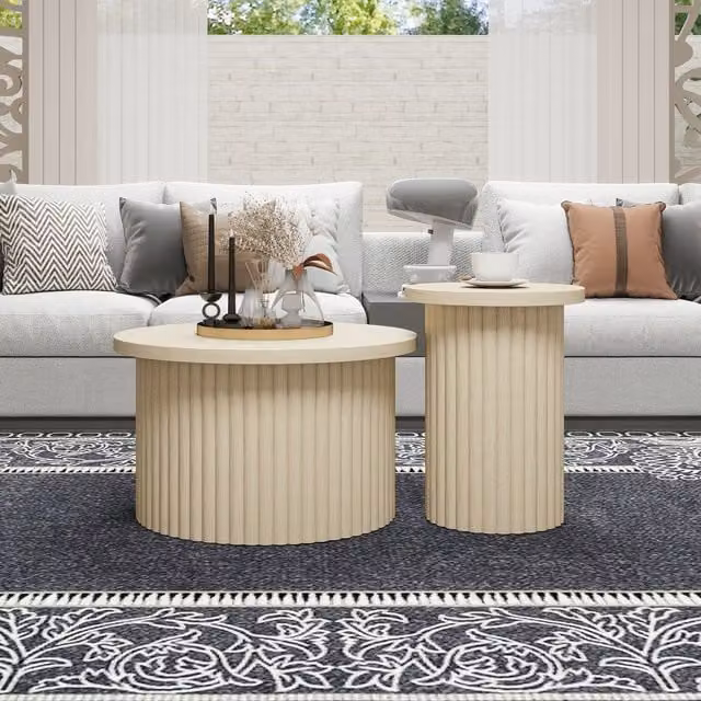 Juego de 2 mesas de centro redondas KELLANY con acabado de madera natural y estructura ondulada en colores marrón y beige