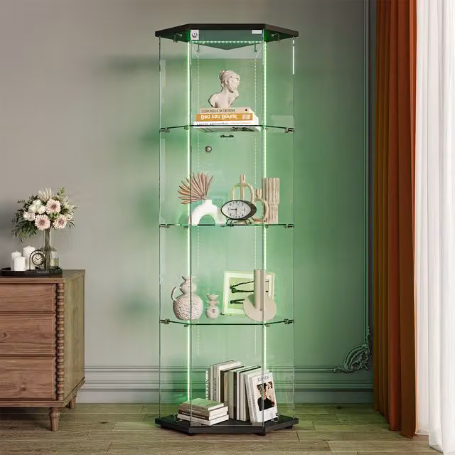 Vitrina de cristal NAHILIMI en color negro con iluminación LED integrada, puertas de cristal, estantes internos y cerradura. An/P/Al: 60 x 42,5 x 162 cm