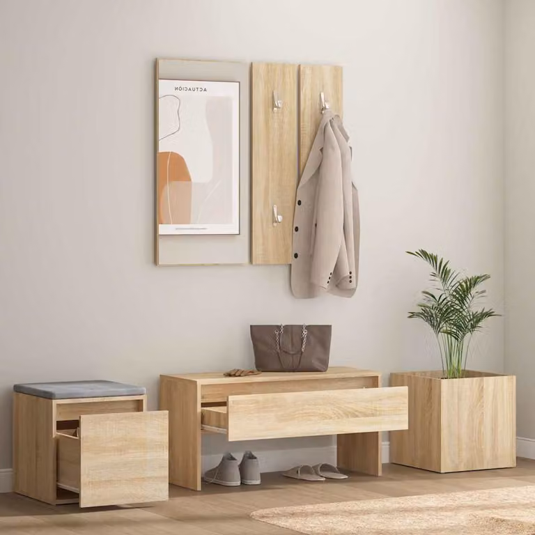 Juego de muebles de recibidor moderno vidaXL de madera en color roble Sonoma con banco, espejo, estante de pared y zapatero