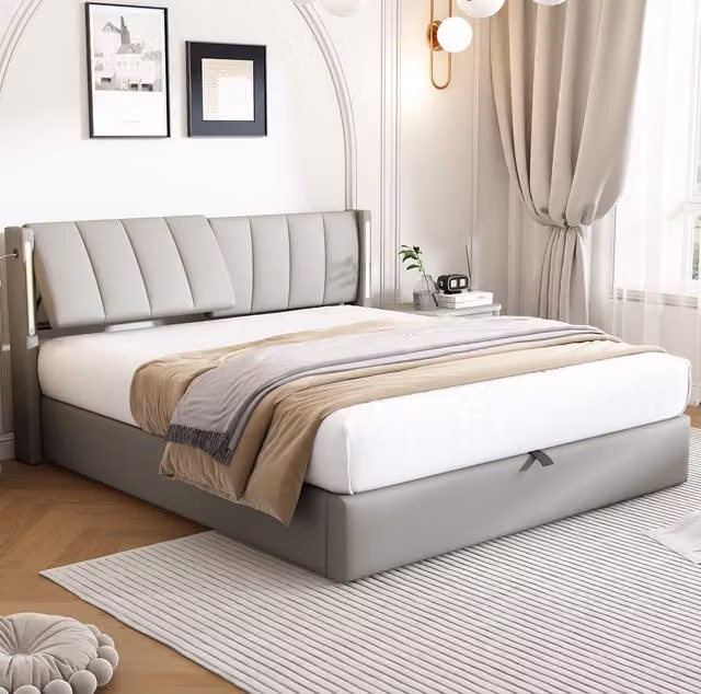 Cama con almacenaje WISHDOR tapizada en piel sintética gris con iluminación LED, puerto USB y base abatible de 180x200 cm