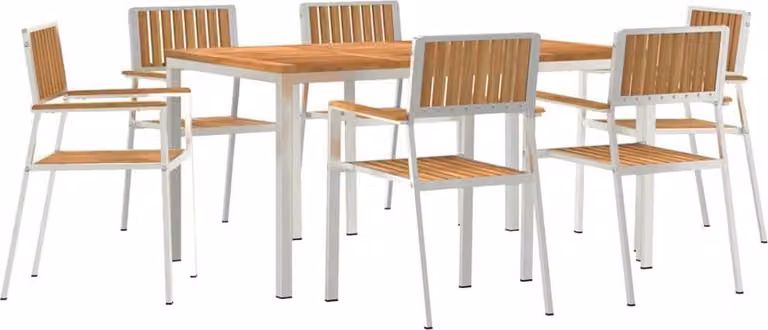 Juego de comedor para exteriores Syfax de 7 piezas con mesa rectangular de acero inoxidable y sillas de madera de teca en color marrón y plata