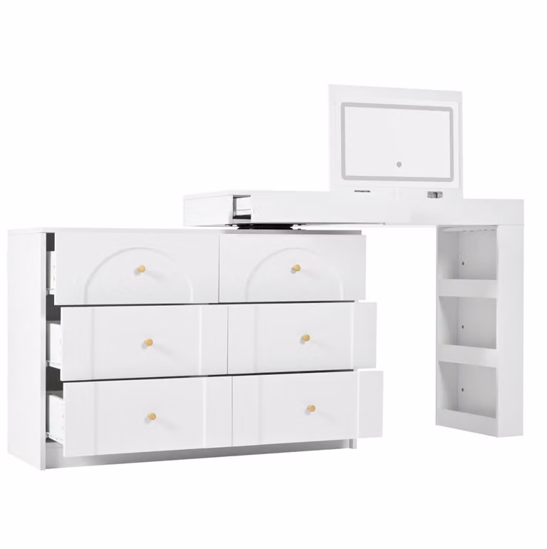 Tocador OKWISH moderno con espejo LED y tapa giratoria en color blanco y dorado, An/P/Al: 105 x 40 x 80 cm