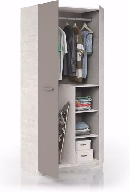 Armario infantil y juvenil Loungitude con puertas abatibles en blanco y gris, An/P/Al: 90 x 52 x 200 cm