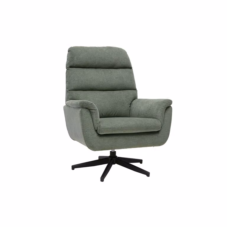 Sillón giratorio Miliboo Jonah de tela chenilla verde caqui y metal negro con reposabrazos
