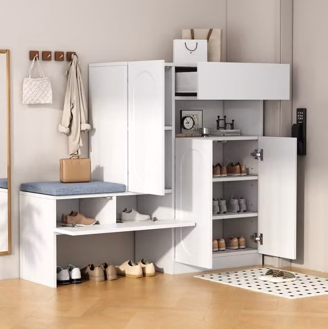 Zapatero WISHDOR con banco acolchado en gris y blanco, An/P/Al: 130 x 35 x 110 cm