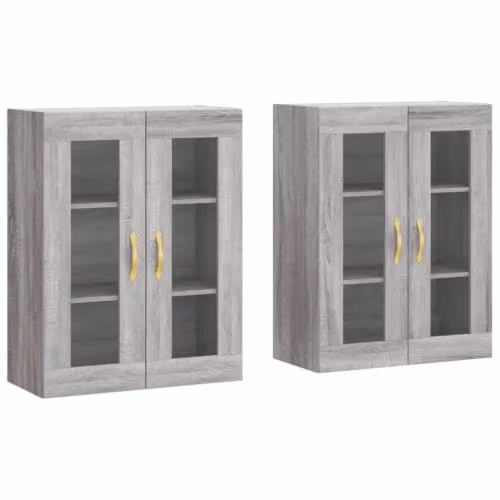 Set de 2 armarios de pared Helloshop26 con puertas de cristal en color gris y madera, An/P/Al: 69,5 x 34 x 90 cm