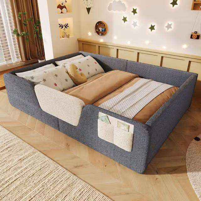 Cama infantil MODFU tapizada en terciopelo gris con barandillas de seguridad extraíbles y bolsillo de almacenamiento, An/P/Al: 140 x 190 x 42 cm