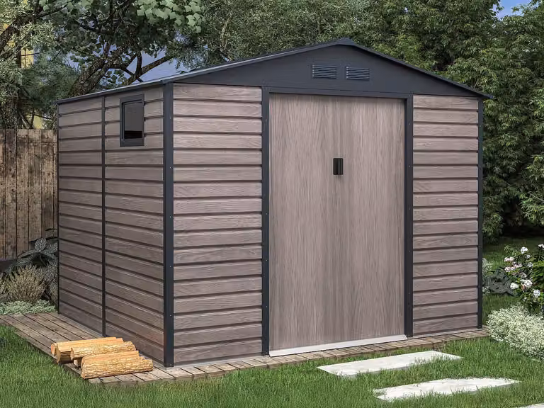 Caseta de jardín de acero galvanizado VENTE-UNIQUE con efecto madera, color gris antracita, 7,17 m² con doble puerta y ventana