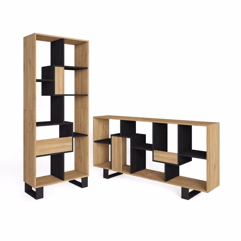 Librería de diseño industrial SKRAUT HOME en madera de roble y metal negro, An/P/Al: 67 x 31 x 174 cm